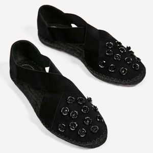 Black Floral Leather Suede Espadrilles New Flats